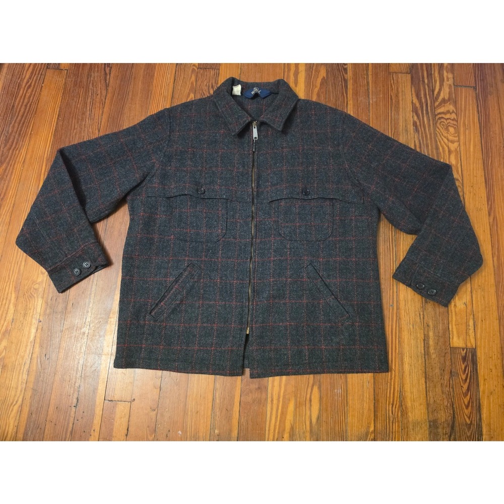 Woolrich Vintage Mens XL Wool Blend Windowpane Plaid Full Zip Field Jacket Gray